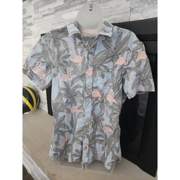 AMERICAN EAGLE SHIRT MENS MEDIUM BLUE FLORAL FLAMINGO HAWAIIAN FLEX BUTTON UP - Picture 1 of 6
